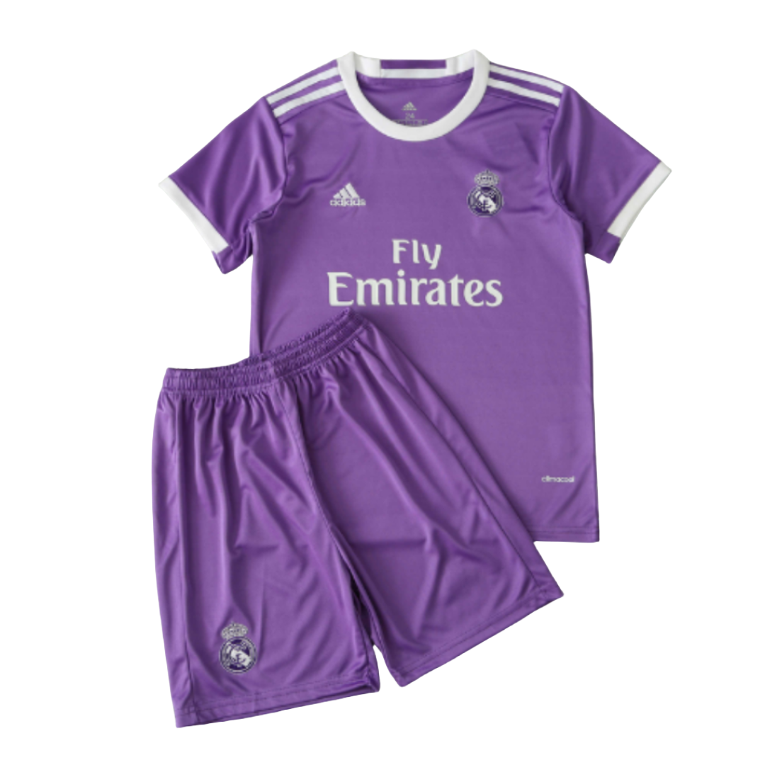 (KINDEREN) RETRO REAL MADRID UIT SHIRT &amp; SHORTS 2016/17